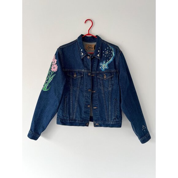 90s vintage blue denim embellished hand painted flowers jean jacket medium - Picture 8 of 9